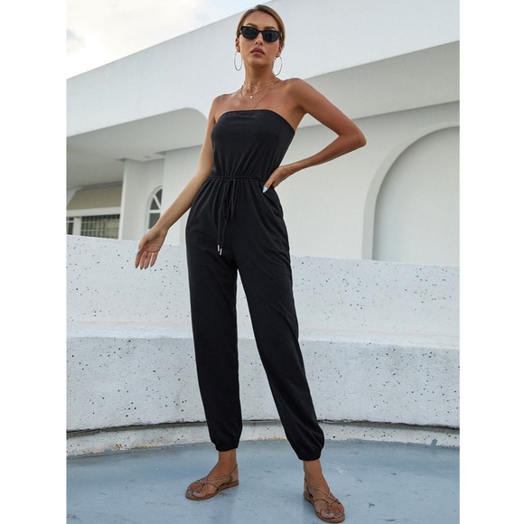 Strapless Tube Top Drawstring Black Jumpsuit - Picture 7 of 9